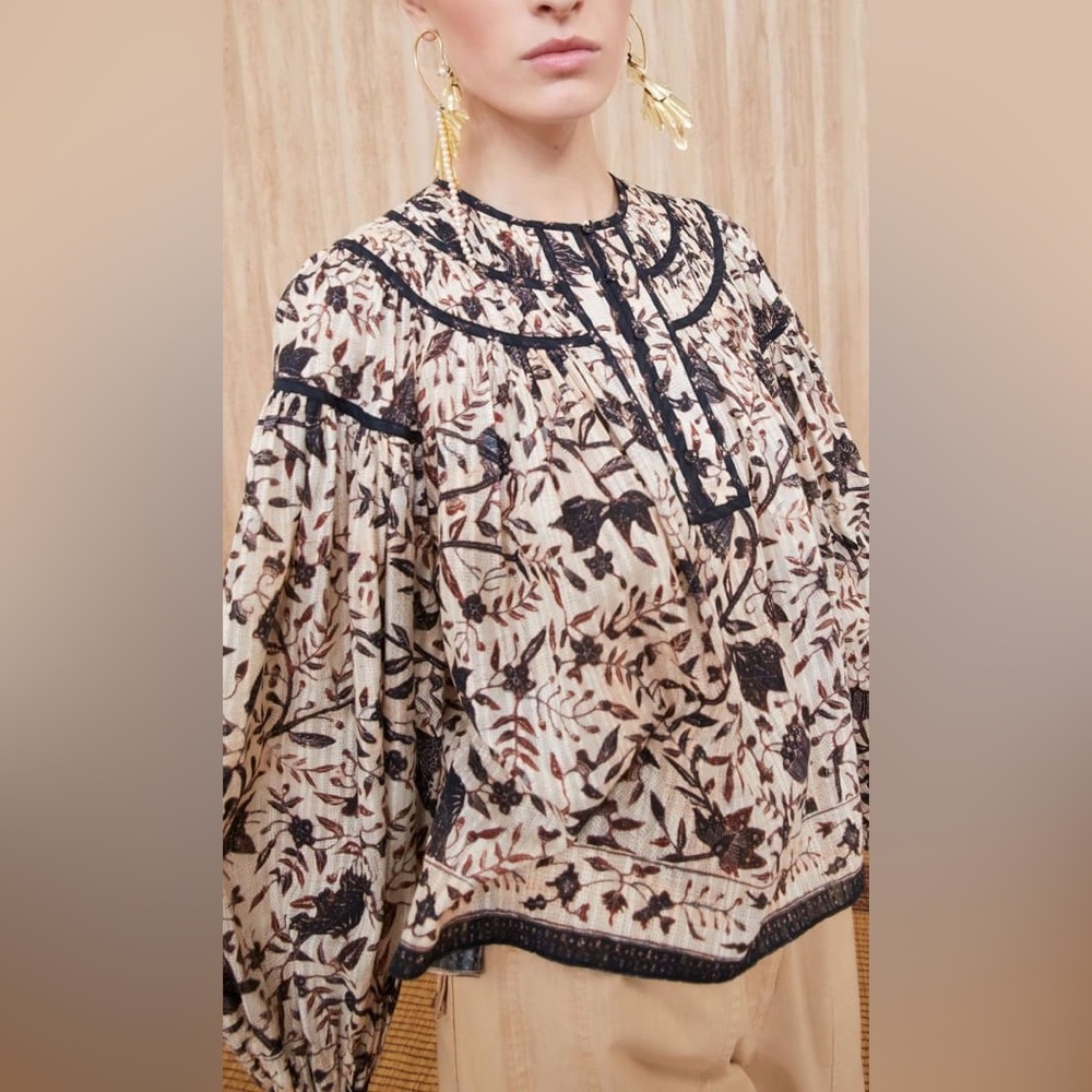 Ulla Johnson Kirana Blouse‎ Plumeria Floral Print Top Size 4 Statement Sleeves